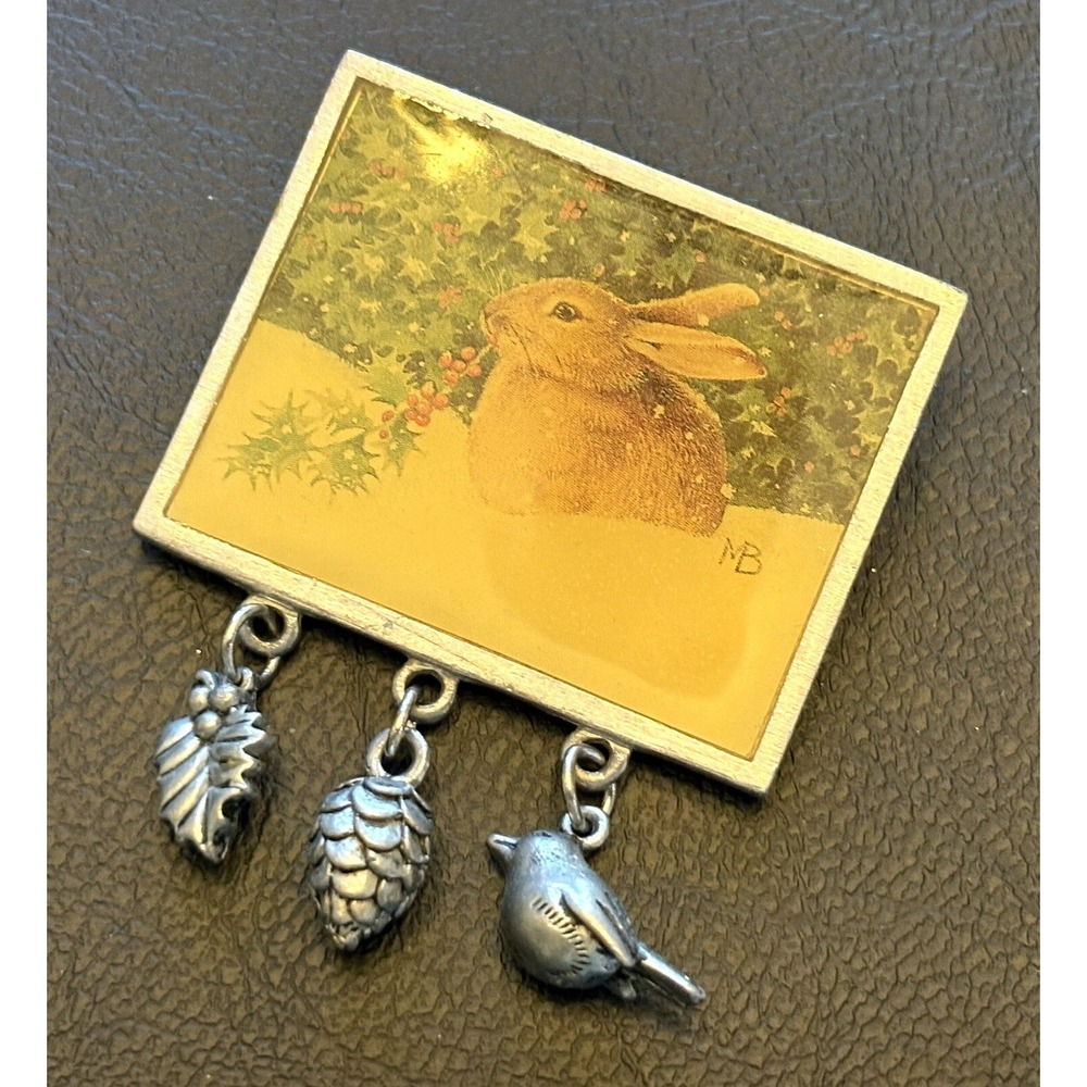 VTG Marjolein Bastin Bunny Brooch Pin Pewter Bird Holly Dangle Charms Spring
